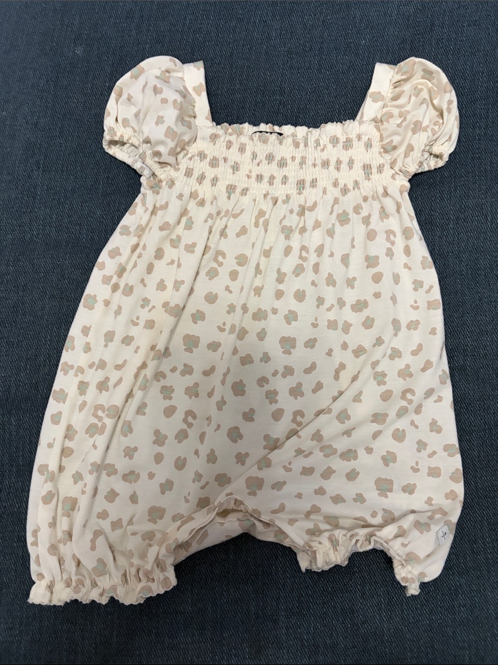 7 For All Mankind Cream Animal Print Smocked Romper